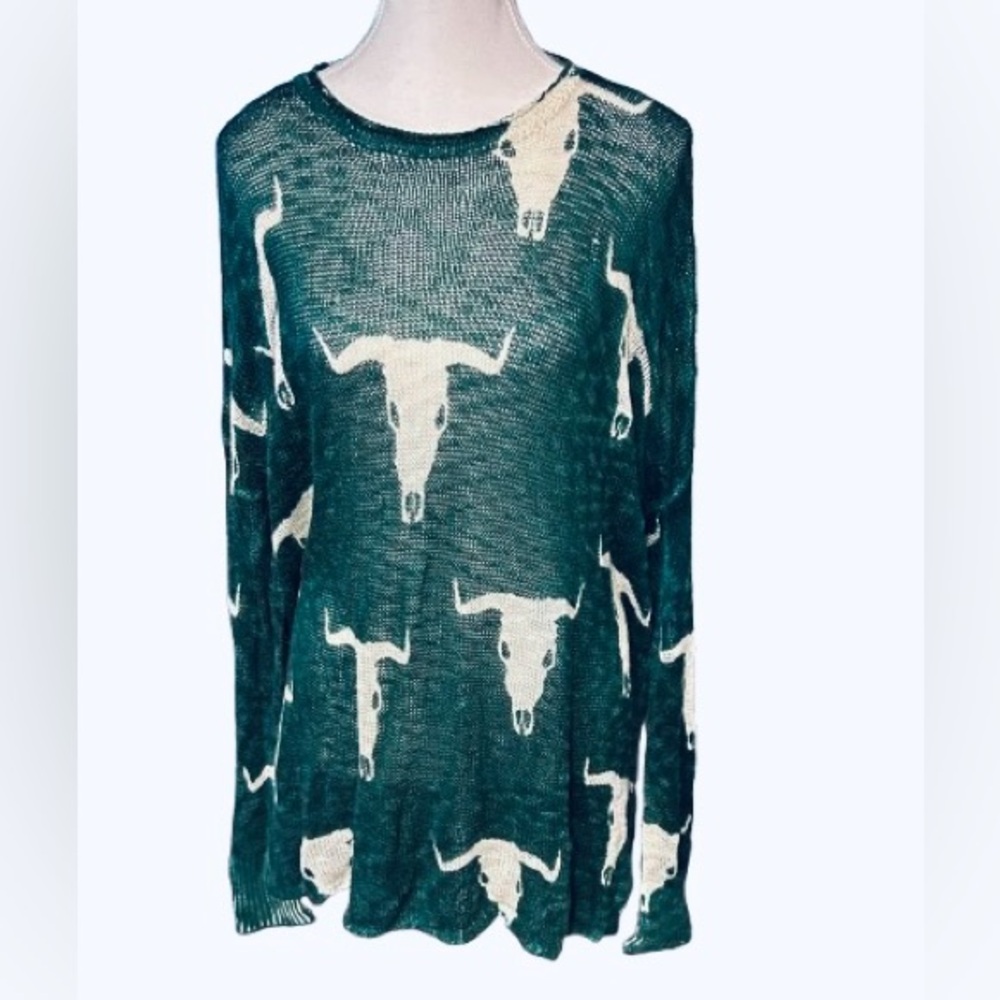 Mumu Mellow Bonfire Steer Sweater Lightweight Green Southwestern Skull Openwork